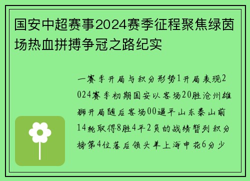 国安中超赛事2024赛季征程聚焦绿茵场热血拼搏争冠之路纪实